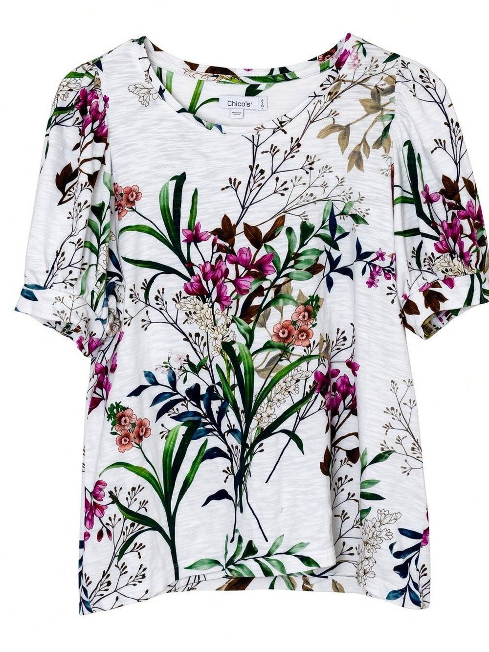 Chico’s Floral Botanical Tee Ivory Pink Green Slub Short Sleeve L Size 2
